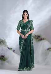India Silk Olive Green Sarees Made From Crepe Satin Silk Blend Traditional Craftsmanship With A Soft Elegant Texture